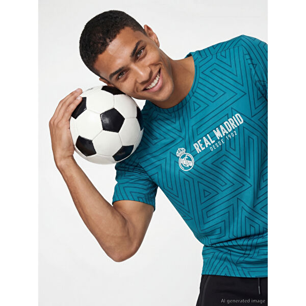 Bisiklet Yaka Real Madrid Baskılı Erkek Spor Tişört