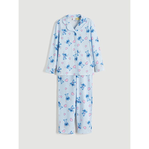 Gömlek Yaka Stitch Baskılı Kız Çocuk Pijama Takımı