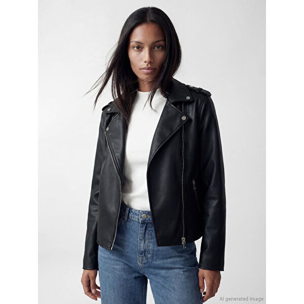 Biker Yaka Kadın Deri Görünümlü Ceket