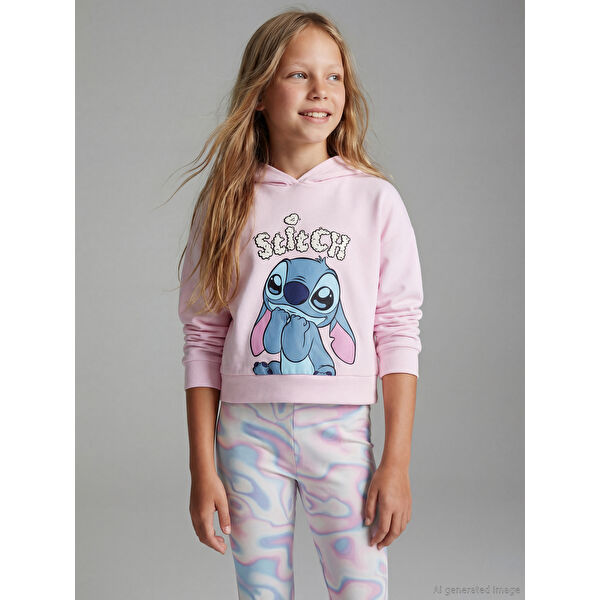 Kapüşonlu Stitch Baskılı Kız Çocuk Sweatshirt