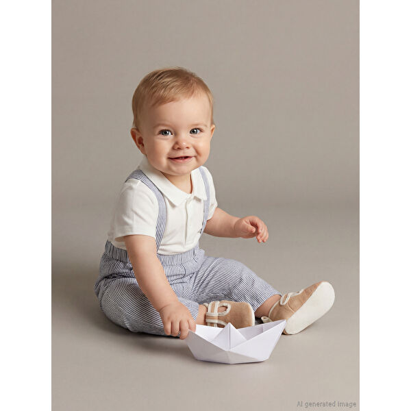 Polo Yaka Erkek Bebek Tişört Ve Askılı Pantolon 2'li