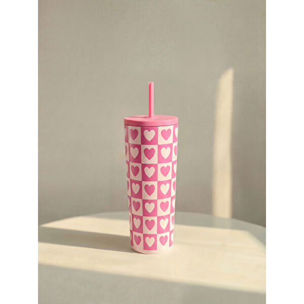 Kalp Baskılı Pipetli Bardak 500 ml