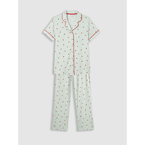 Gömlek Yaka Çilek Baskılı Hamile Pijama Takımı