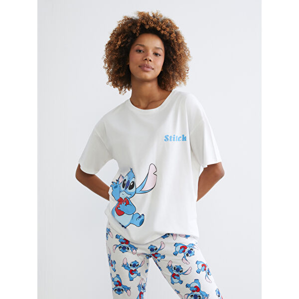 Bisiklet Yaka Stitch Baskılı Kadın Pijama Takım