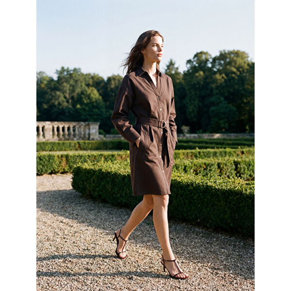 Gömlek Yaka Beli Kemerli Jean Elbise