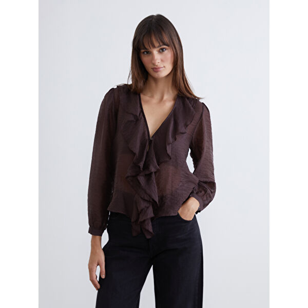 V Yaka Fırfırlı Bluz