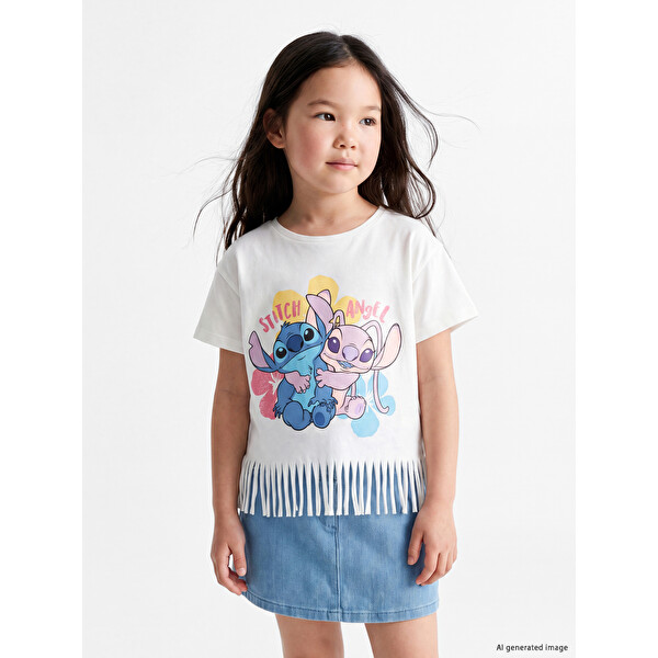 LCW Kids Lilo & Stitch Baskılı Püsküllü Kız Çocuk Tişört
