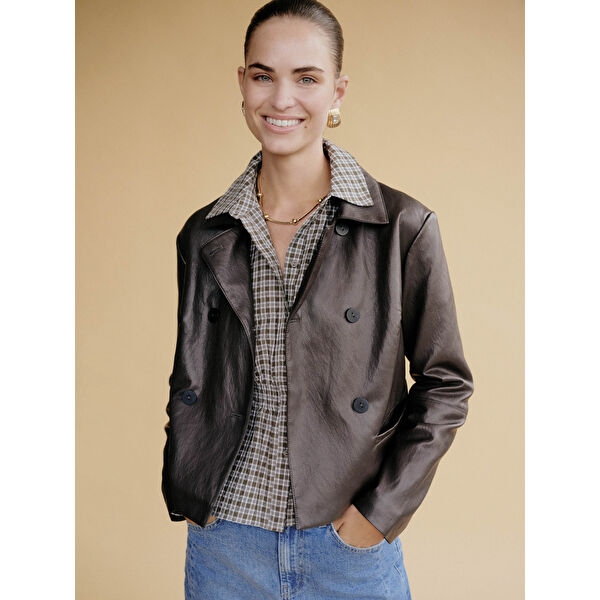 Gömlek Yaka Kadın Deri Görünümlü Ceket