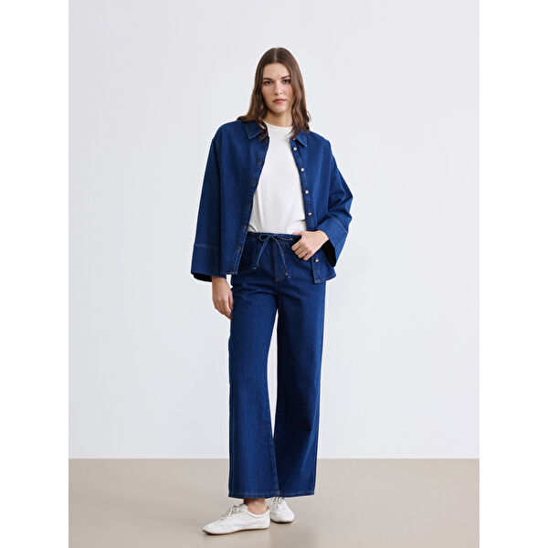 Beli Lastikli Wideleg Kadın Jean Pantolon