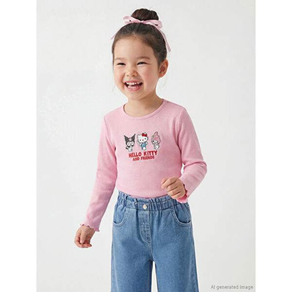 Bisiklet Yaka Hello Kitty Nakışlı Kız Çocuk Fitilli Tişört