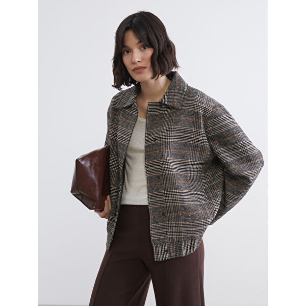 Gömlek Yaka Ekose Kadın Kaşe Ceket