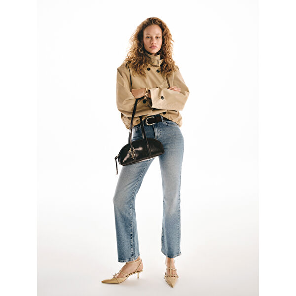 Beli Kemerli Wideleg Kadın Jean Pantolon