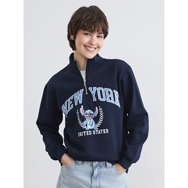 Dik Yaka Stitch Baskılı Oversize Kadın Sweatshirt