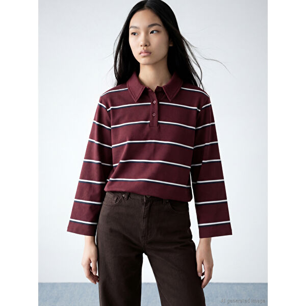Polo Yaka Çizgili Oversize Kadın Tişört