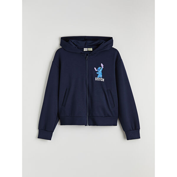 Stitch Baskılı Kız Çocuk Soft Touch Fermuarlı Sweatshirt