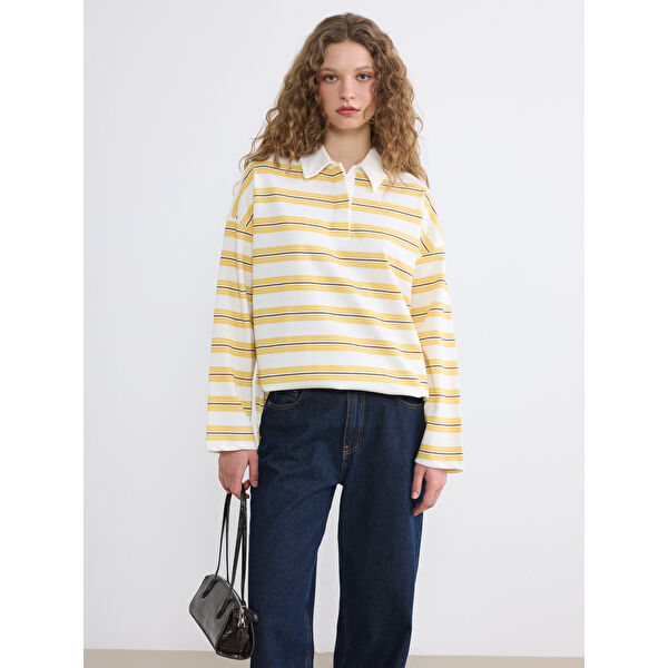 Polo Yaka Çizgili Kadın Sweatshirt Tunik