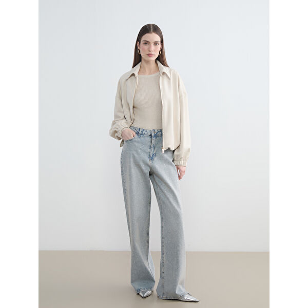 Wideleg Taşlı Kadın Jean Pantolon