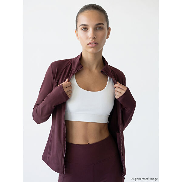 Dik Yaka Parmak Geçmeli Kadın Fermuarlı Sweatshirt