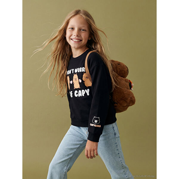 Capyfun Baskılı Kız Çocuk Kalın Sweatshirt