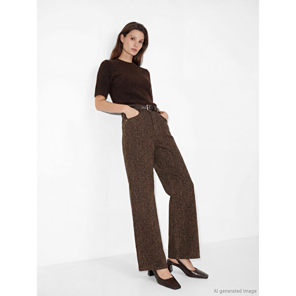 Wideleg Leopar Desenli Kadın Jean Pantolon