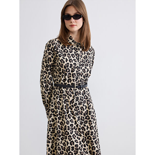 Leopar Desenli Kemerli Poplin Gömlek Elbise