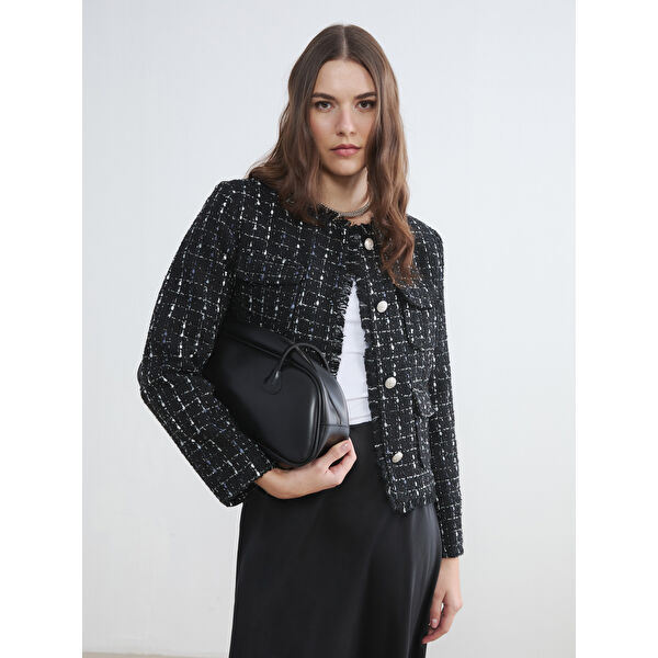 Bisiklet Yaka Ekose Kadın Tüvit Ceket