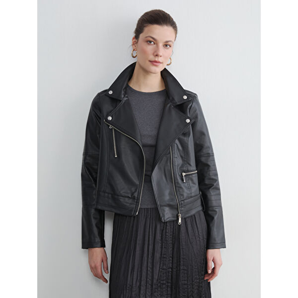 Kruvaze Yaka Kadın Deri Görünümlü Ceket