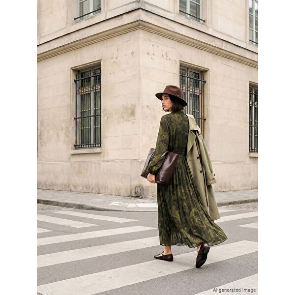 Desenli Pileli Şifon Gömlek Elbise