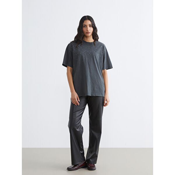 Regular Fit Deri Görünümlü Kadın Pantolon