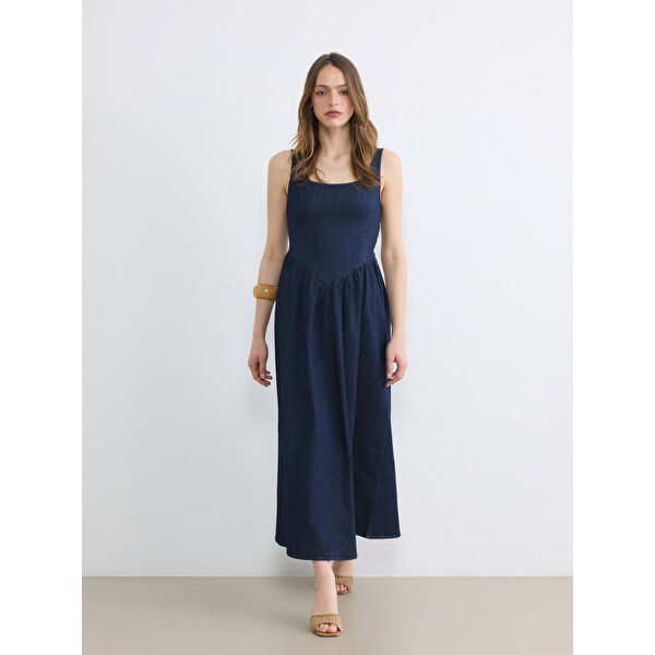 Büzgülü Belden Oturtmalı Jean Elbise