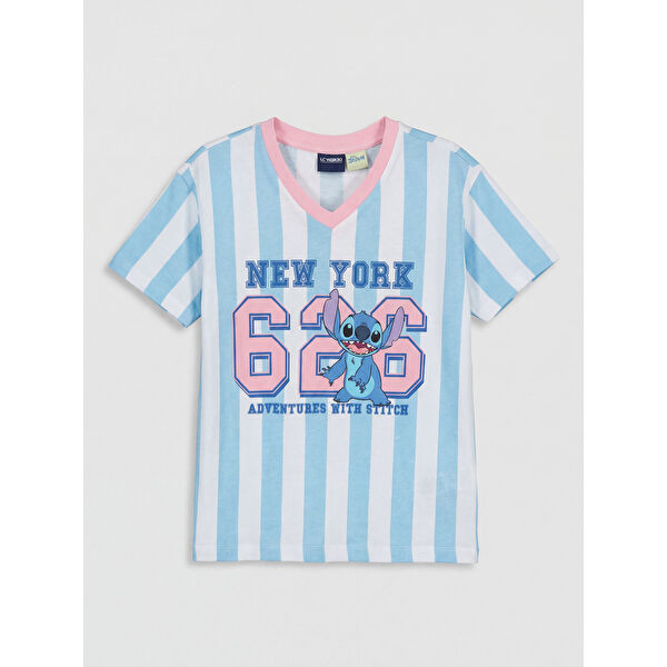 V Yaka Stitch Baskılı Kız Çocuk Tişört