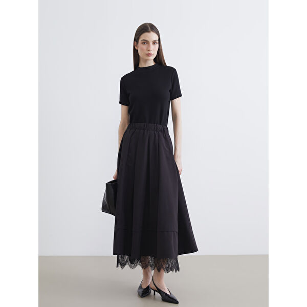 Beli Lastikli Dantel Detaylı A Kesim Etek