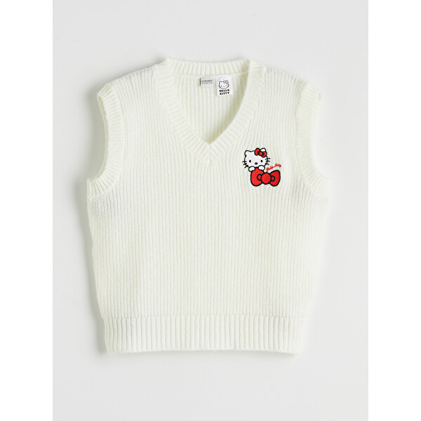 LCW Kids V Yaka Hello Kitty Nakışlı Kız Çocuk Triko Süveter