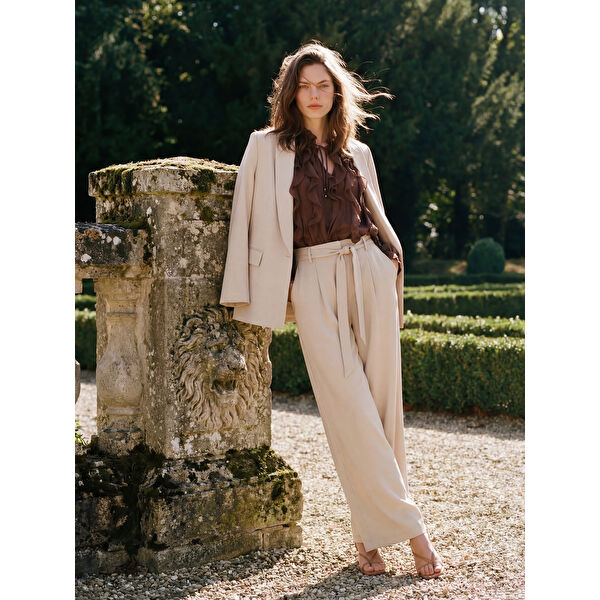 Beli Kuşaklı Geniş Paça Kadın Pantolon