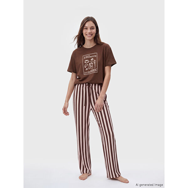 Bisiklet Yaka Baskılı Kadın Pijama Takımı