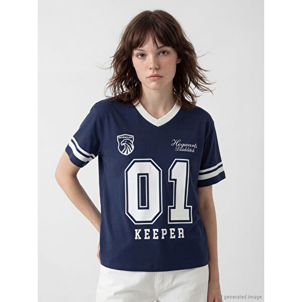 V Yaka Harry Potter Baskılı Oversize Kadın Tişört