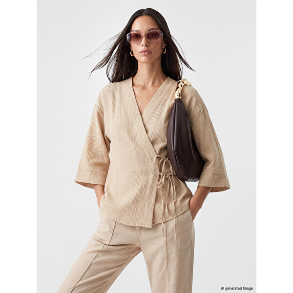 LCW EVERYDAY Kruvaze Yaka Müslin Oversize Kadın Kimono