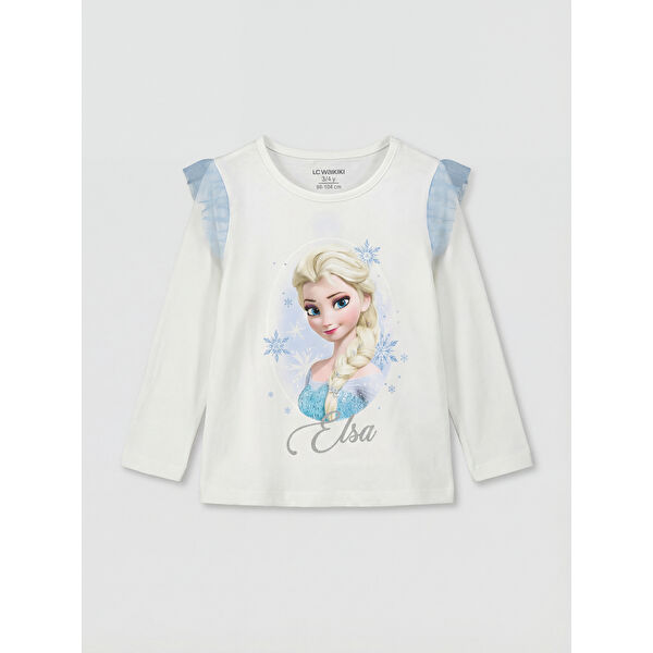 Bisiklet Yaka Elsa Baskılı Kız Çocuk Tişört