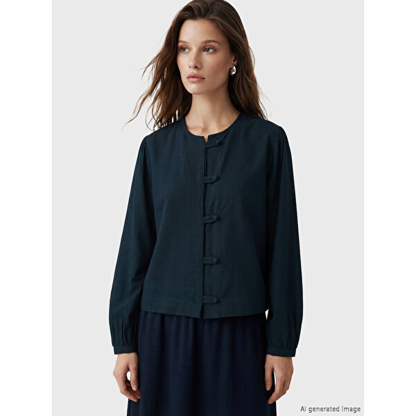 Bisiklet Yaka Keten Karışımlı Bluz