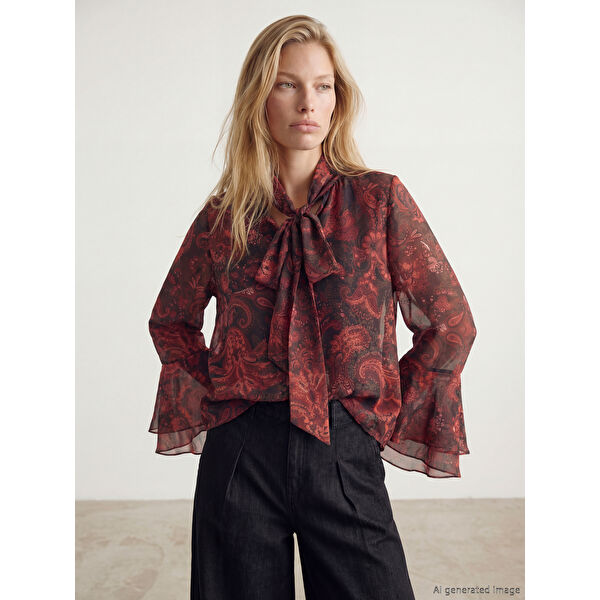 Fular Yaka İspanyol Kol Desenli Bluz