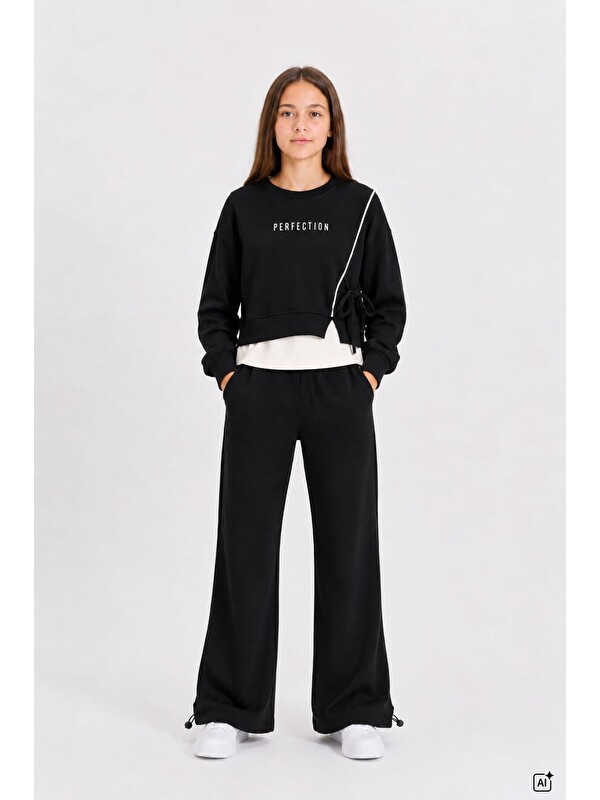 Cansın Mini Siyah Kız Çocuk Garnili Sweatshirt Lastikli Paça Eşofmanlı 2li Alt Üst Takım 24766