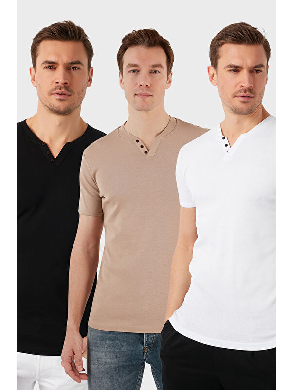 Buratti Pamuklu Düğme Detaylı Slim Fit V Yaka 3'lü Paket T Shirt 5902122S3