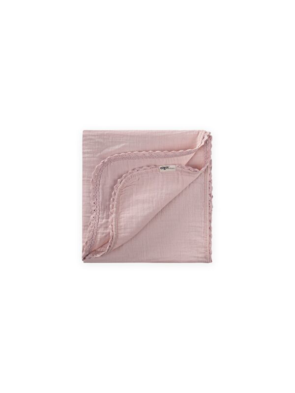 CİGİT Çiftkat Ponpon Şeritli Müslin Bebek Battaniyesi100x100 Cm +/- 3 Cm Pudra Pembe