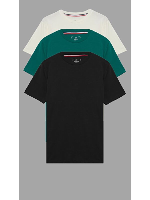 Shooter Sportswear Siyah - Yeşil - Krem Erkek Basic Tişört Pamuklu Regular Bisiklet Yaka Günlük Düz T-Shirt 3'lü Paket