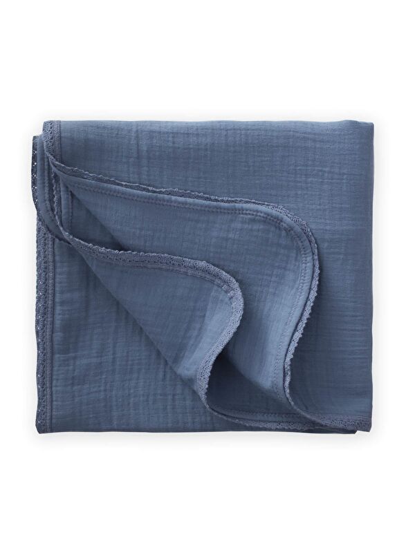 CİGİT Dantel İşlemeli Tekkat Müslin Battaniye 100X100 Cm +/- 3 Cm İndigo Mavi