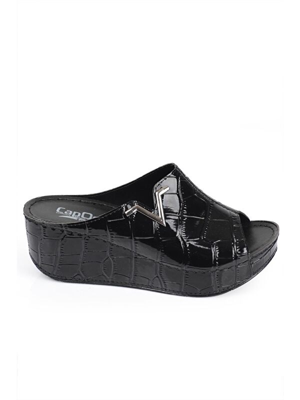 6145 Kadın Dolgu Topuklu V Toka Kroko Desenli Rugan Terlik - Görsel 5