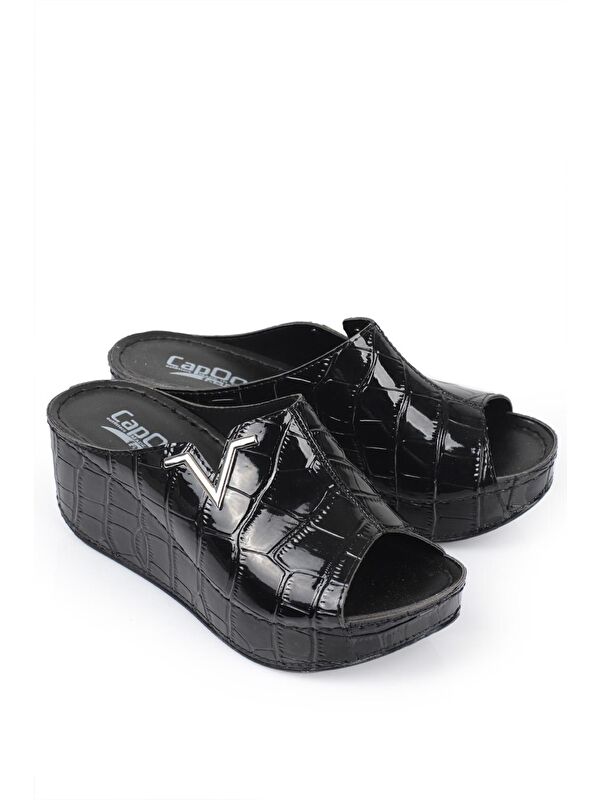 6145 Kadın Dolgu Topuklu V Toka Kroko Desenli Rugan Terlik - Görsel 6