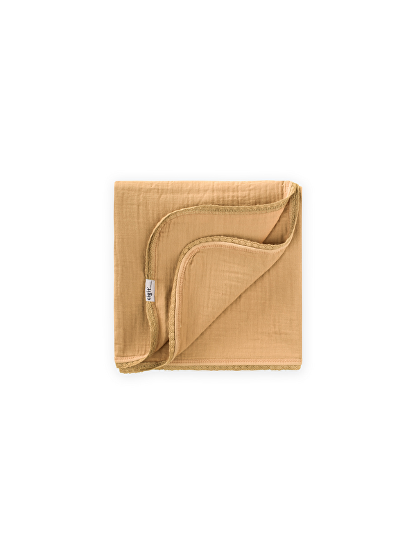 CİGİT Dantel İşlemeli Tekkat Müslin Battaniye 100X100 Cm +/- 3 Cm Hardal Sarı