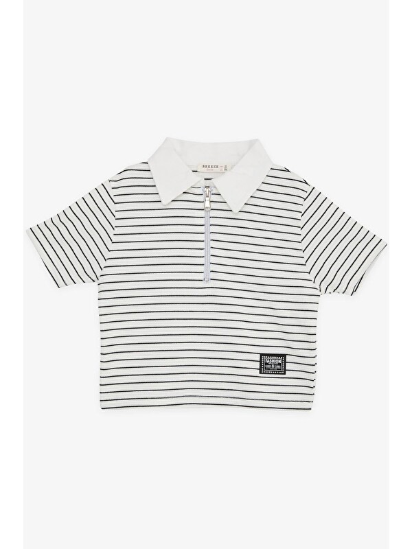 Breeze Kız Çocuk Crop Tişört Fermuarlı Çizgili Ekru (9-11 Yaş)