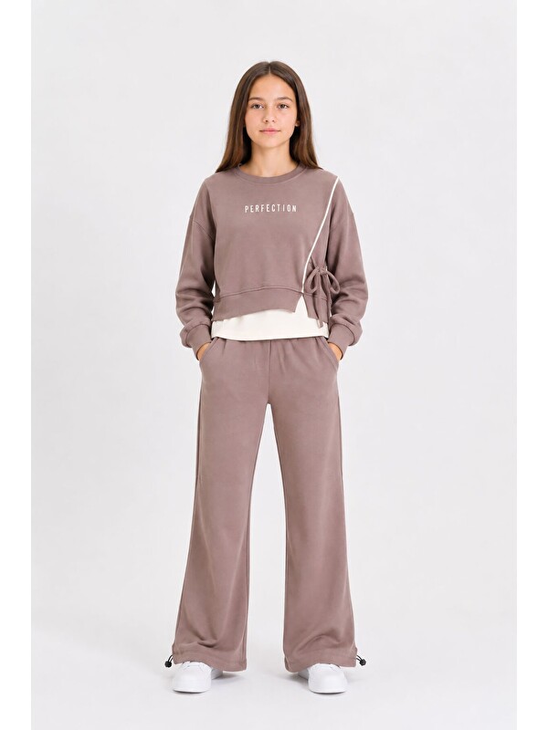 Cansın Mini Kahverengi Kız Çocuk Garnili Sweatshirt Lastikli Paça Eşofmanlı 2li Alt Üst Takım 24767